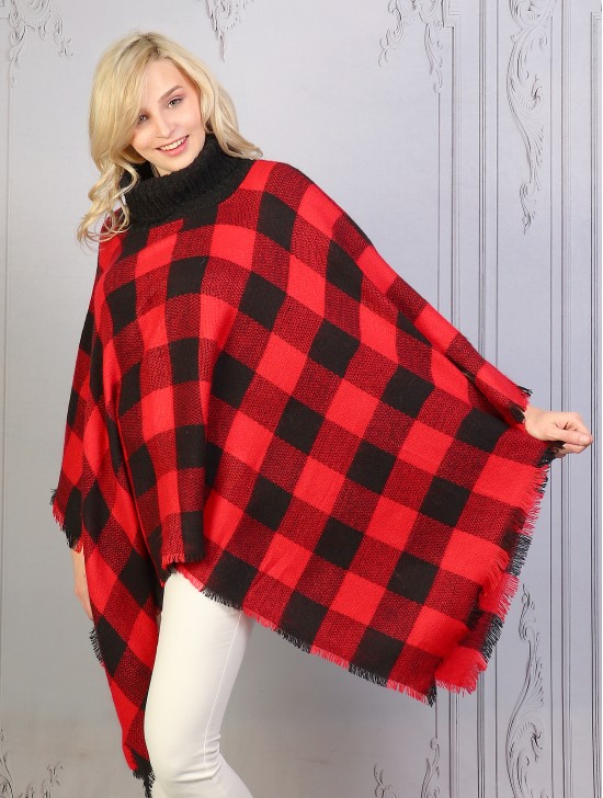 Loose Turtle Neck Plaid Poncho W/ Soft Frayed Ends